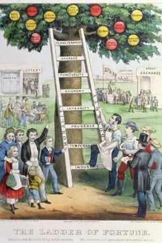 an illustration of a ladder to the top of a tree with people standing around it