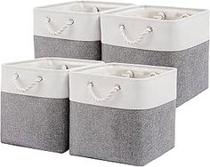 three gray and white storage bins with rope handles on each side, set of four