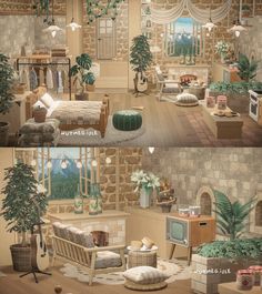 two pictures of a living room with furniture and plants