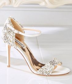 Badgley Mischka Tampa Jeweled Satin Dress Sandals | Dillard's Badgley Mischka Bridal Shoes, Roger Vivier Sandals, Badgley Mischka Bridal, Roger Vivier Shoes, Wedding Shoes Bride, Bridal Shoes Flats, Shoe Inspiration, Wedding Gowns Lace