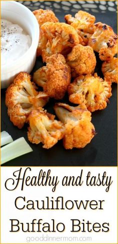 healthy and tasty cauliflower buffalo bites with ranch dip on the side for dipping