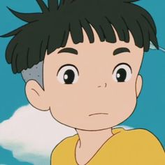 a young boy with black hair stares into the distance while standing in front of clouds