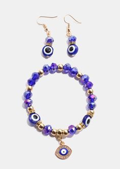 Symbolizes protection, happiness, good fortune and prosperity It is stylish and creative, full of warm meanings with a pair of earrings to match Colorful Evil Eye, Eye Bracelet, Evil Eye Bracelet, Good Fortune, Evil Eye, Earring Set, Bracelet, Purple, Blue