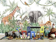 an animal themed children's room with jungle wallpaper