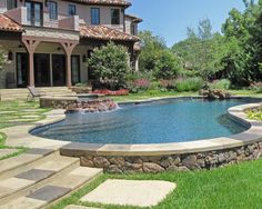 a large backyard with a pool and landscaping