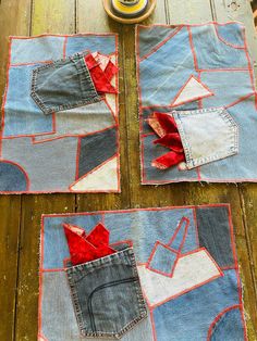 "Thanks for looking!  Set of Five  Hand made in the 80's out of used denim jeans! Great set of placemats !  With pockets for napkin holders  One napkin is missing  Back is solid with a seam down the middle! 12 x 18\" No cancellations.  Sorry we can no longer accept International sales. Please~ DO NOT REQUEST FASTEST SHIPPING IF YOU DO NOT PAY FOR FASTEST SHIPPING! Thanks!" Patchwork Placemats, Denim Placemats, Girl Scout Patches, Napkin Holders, Recycle Jeans, Crib Quilt, The 80's, Denim Patchwork, Cotton Set