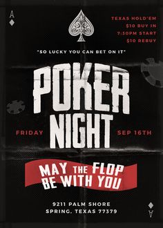 the poker night flyer is shown in black and white