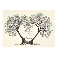 a heart shaped tree with leaves and berries on it is shown in the shape of a wedding card