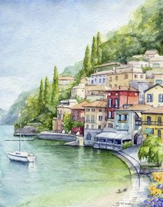 watercolor painting of houses on the shore with boats in the bay and trees lining the shoreline