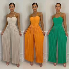 Summer Casual Suspenders Long Jumpsuit Women Sexy Fashion Solid Sleeveless Sashes Pleated Wide Leg Jumpsuit Orange Female [23y 9m 13d] Palazzo Outfits, Spaghetti Strap Summer Dress, Jumpsuit Fitted, Long Jumpsuit, Graduation Picture, Linen Romper, Fashionable Clothes, Pants Outfits, Trendy Dress