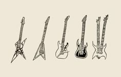 five electric guitars lined up in a row on a white background, with the strings drawn to them