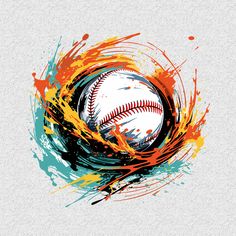 a baseball with paint splatters around it and the ball in the center is on fire