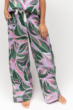 Cyberjammies Lexi Leaf Print Wide Leg Pyjama Bottoms Lilac Sleep Snap, Lilac And Green, Pajama Bottoms Womens, Unisex Pajamas, Comfy Pjs, Green Leaf Print, Floral Pajamas, Evening Routine, Pyjama Bottoms