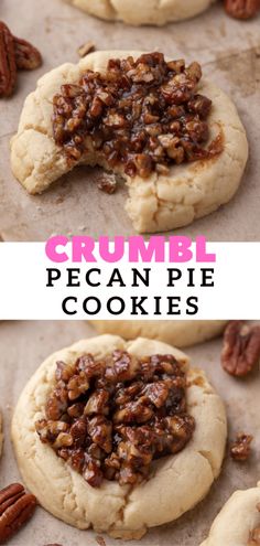 pecan pie cookies are cut in half and stacked on top of each other with pecans around the edges