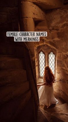 a woman in a white dress is walking down the stairs to an old stone building with a sign reading female character names with meanings