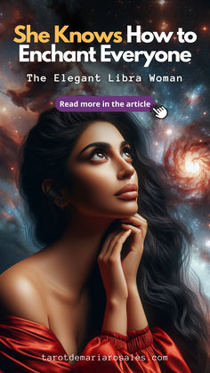 A woman gazes upward with a serene expression, set against a vibrant cosmic background. Text reads, "She Knows How to Enchant Everyone: The Elegant Libra Woman."