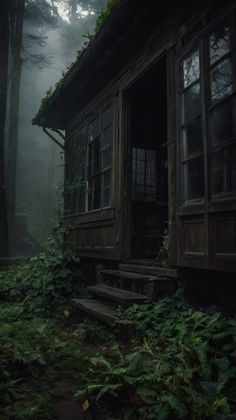 an old wooden cabin in the woods