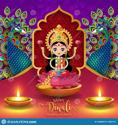 happy diwali festival greeting card with buddha on lotus and candles in front of colorful background