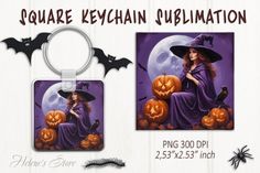 a keychain with an image of a witch sitting on pumpkins in front of a full moon