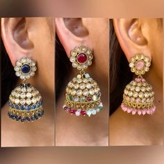 Luxury Jhumkas With Latkans For Navratri, Multicolor Kundan Jhumkas With Cutdana, Multicolor Chandbali Jhumkas For Navratri, Navratri Multicolor Chandbali Jhumkas, Multicolor Chandbali Jhumkas For Festive Occasions, Multicolor Chandbali Jhumkas With Tilla, Multicolor Meenakari Jhumkas In Temple Jewelry Style, Multicolor Meenakari Kundan Jhumkas, Multicolor Meenakari Temple Jewelry Jhumkas