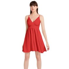 Introducing our Knitted Chiffon Cami Short Dress - a stunning red dress perfect for any occasion. Made from a high-quality, slightly stretchy material, this dress features a spaghetti strap design, V-neckline, a high waist, flared hemline, and a back-hidden zipper. Suitable for parties, vacations, festivals, and more, this dress is perfect for anyone who wants to feel confident and stylish while staying comfortable. Add this versatile dress to your wardrobe today, and be ready to turn heads. Model is 5'10.5"/179cm(B:33.86"/86cm, W:24.41"/62cm, H:36.22"/92cm) and wearing a size Medium; Designed to have a regular fitMachine Washable; Do Not Bleach V-neck Sundress With Adjustable Straps For Party, Red Sleeveless Strapped Dress, Red Backless Dress With Built-in Bra, Red Sleeveless Dress With Straps, Backless Red Dress With Built-in Bra, Elegant Sleeveless Dress With Spaghetti Straps For Vacation, Chic V-neck Sundress With Crisscross Straps, Sundress With Adjustable Straps And V-neck, V-neck Sundress Slip Dress With Straps