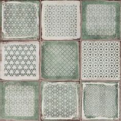 green and white tiles with different designs on the sides, all arranged in square shapes