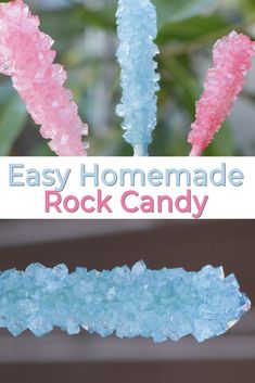 an easy homemade rock candy recipe with pink and blue frosting on top, sitting in front of a green plant