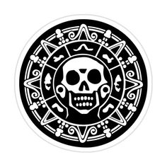 a black and white sticker with a skull in the center, surrounded by other symbols