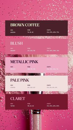 a pink background with different types of paint and the words brown coffee on top of it