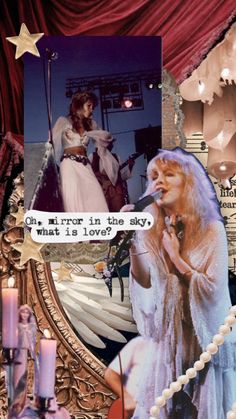 a collage of photos with an image of a woman singing in front of a mirror