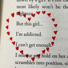 an open book with red hearts on it and the words i can't get enough