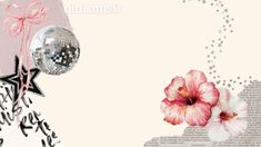 a pink background with flowers and a disco ball