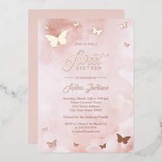 a pink and gold butterfly birthday party card with the words quinceauera celebration on it