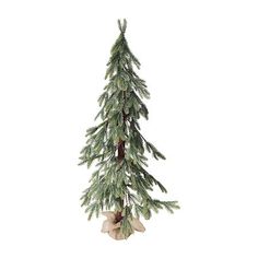 a christmas tree with cones and bows hanging from it's branches on a white background