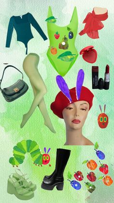 a collage of women's clothing and accessories including shoes, hats, purses