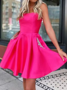 Short Hot Pink Satin Prom Dresses Short Hot Pink Formal Homecoming Dresses Hot Pink Homecoming Dresses, Satin Prom Dress Short, Hot Pink Prom Dresses, Pink Satin Prom Dress, Hot Pink Homecoming, Neon Prom Dresses, Simple Homecoming Dresses, Freshman Homecoming, Satin Prom Dresses