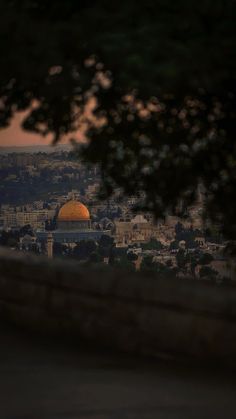 the dome of an islamic structure is seen through trees in front of a cityscape