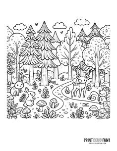 a black and white coloring book page with trees, animals and plants in the woods