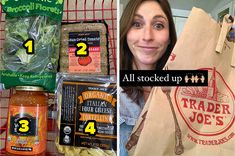 a woman is holding up some food in front of her face and the words trader joe's on it