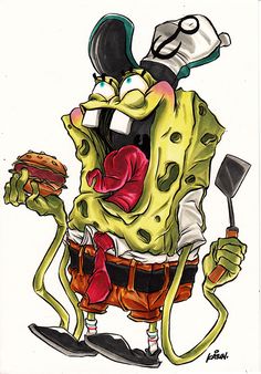 a drawing of a cartoon character holding a hamburger in one hand and a pickle in the other