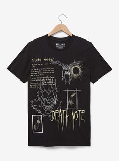 Add some shinigami style to your look with this Death Note tee! Featuring tonal portraits of Ryuk between "Death Note" lettering and script from the anime  this shirt is perfect for wearing to your next watch party.A BoxLunch Exclusive!CottonListed in unisex sizesWash cold with like colors; dry lowDo not iron over printImported Manga Shirt Design, Anime Shirts Aesthetic, Tonal Portraits, Otaku Clothes, Emo Outfit Ideas, Anime Shirts, Cool Shirt Designs, Japanese Shirt, Goth Shirt