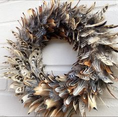 a wreath made out of feathers hanging on a wall