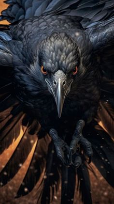 a large black bird with orange eyes on it's wings