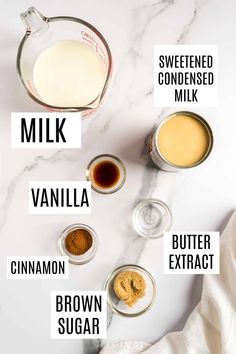 the ingredients to make chocolate milk are shown on a marble counter top, including vanilla, cinnamon, butter, and brown sugar