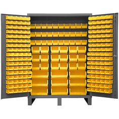 a large storage rack with yellow bins on it's sides and two shelves in the middle