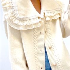 The Prettiest Cardigan With The Fanciest Shawl Colar. Wear It As A Cardigan Size 12 Model, Detail Couture, Pretty Cardigans, Bow Sweater, Shawl Collar Cardigan, Cream Cardigan, Button Cardigan, Turndown Collar, Work Looks