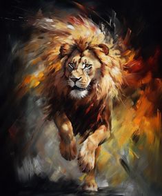 a painting of a lion running through the air with it's head turned towards the camera