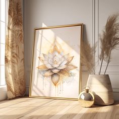 a white and yellow flower is on display in front of a window