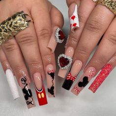 Mickey Mouse Nail Design Ideas, Mickey And Minnie Mouse Nail Art, Disney Acrylic Nails Minnie Mouse, Disney Acrylic Nails Princesses, Red Minnie Mouse Nails, Nicky Mouse Nails, Mickey Mouse Birthday Nails