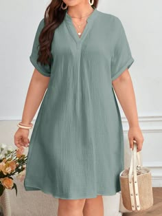 Plus Size Women's Batwing Short Sleeve Dress Grey Casual  Short Sleeve Woven Fabric Plain Tunic Non-Stretch  Women Plus Clothing, size features are:Bust: ,Length: ,Sleeve Length: Plain Tunic, Fancy Short Dresses, Simple Frock Design, Casual Dresses Plus Size, Simple Frocks, Short African Dresses, Short Dress Styles, Gaun Fashion, Notched Neckline